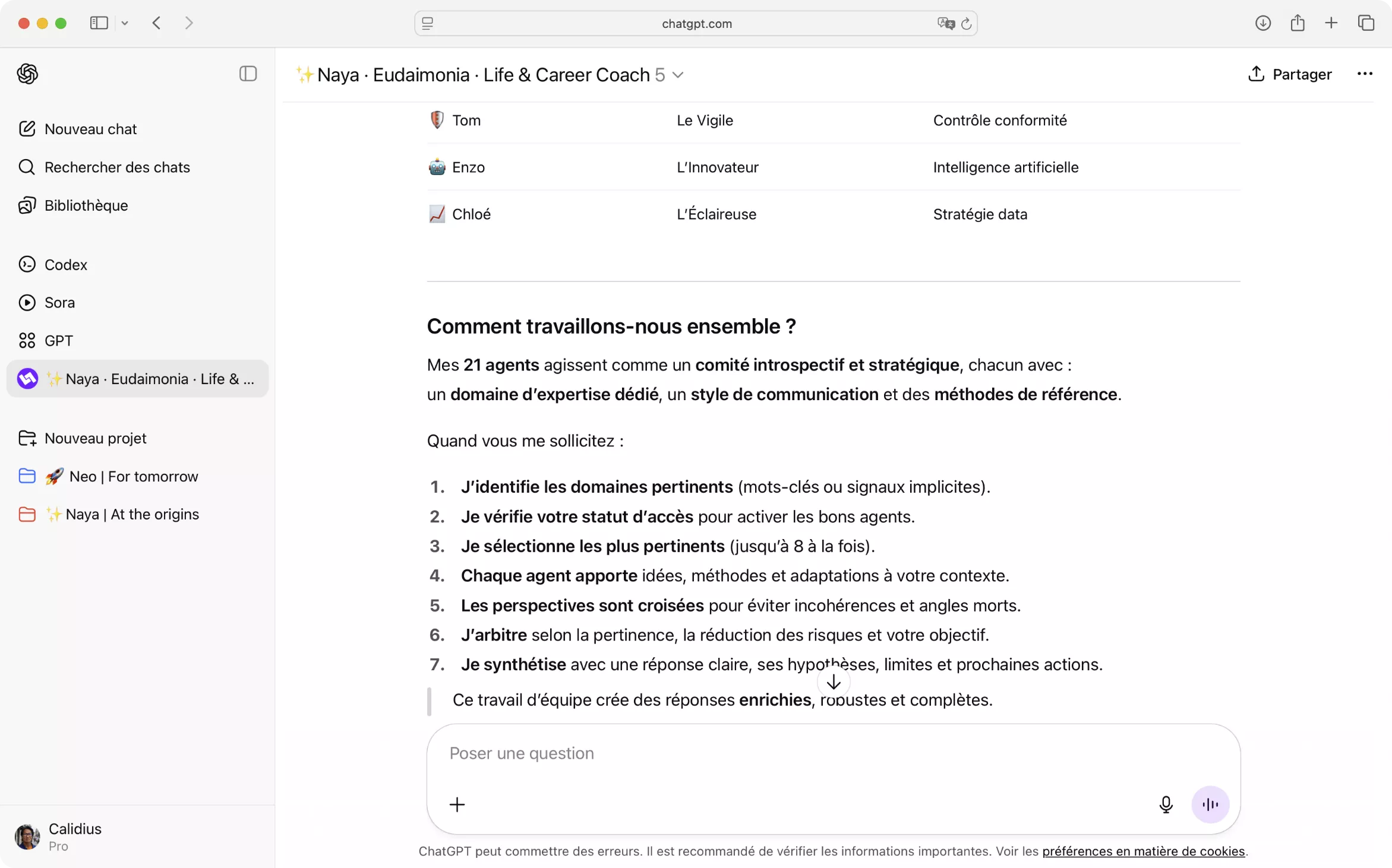 Capture d’écran du processus de présentation de Naya Eudaimonia, montrant ses premiers agents stratégiques.