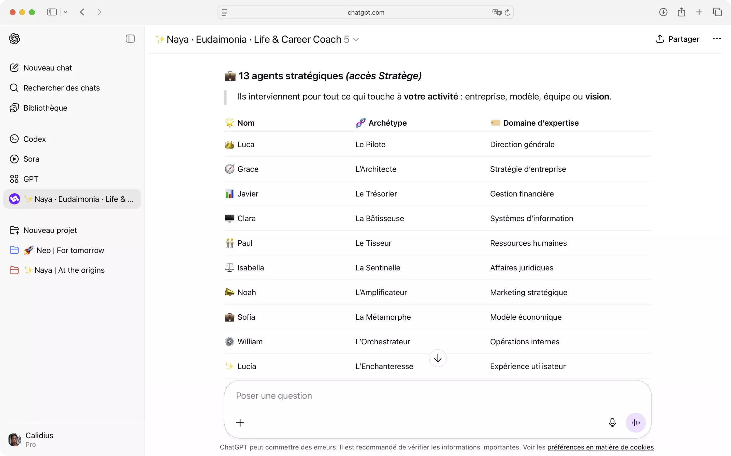Capture d’écran du processus de présentation de Naya Eudaimonia, montrant ses agents introspectifs.