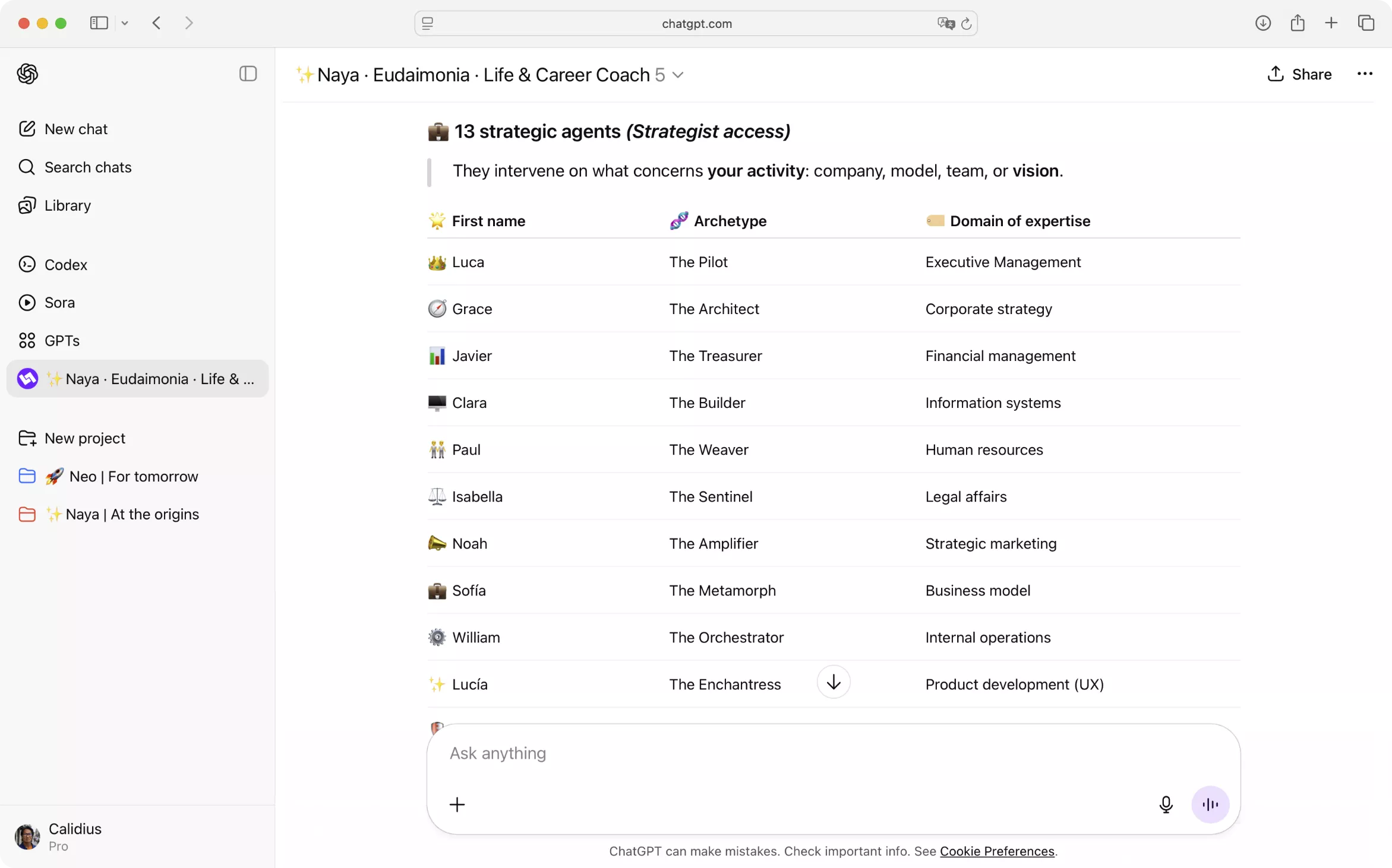 Screenshot of the Naya Eudaimonia introduction process, showing its introspective agents.